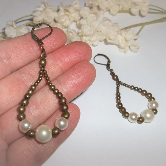 Hoops White Faux Pearl and Bronze Boho Style Jewelry Gift Idea for Her Set 7043 - Picture 6 of 6